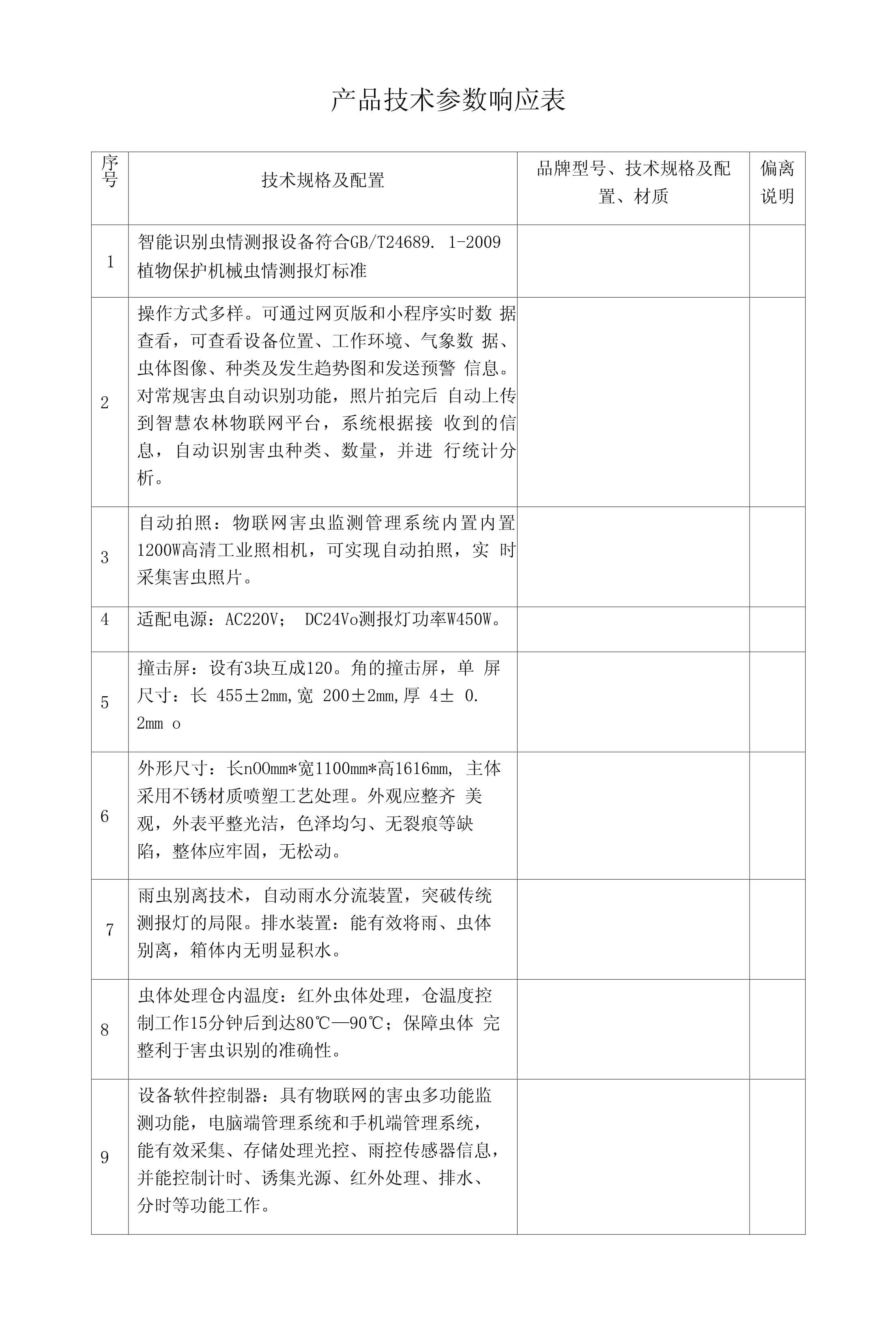 產品技術參數響應表 第1頁——技術開發需求解析